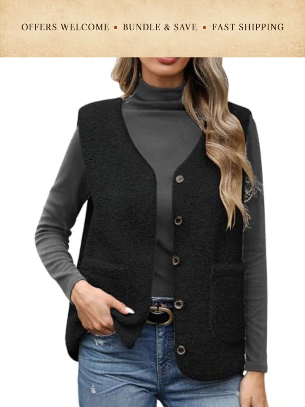 Women's Fleece V-Neck Button Front Vest with Pockets Sleeveless Outerwear